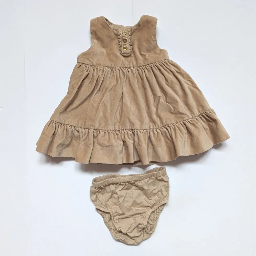 Baby Gap Dress Girls Sz 3-6m Tan Velvet Holiday Tiered Beige Ruffle